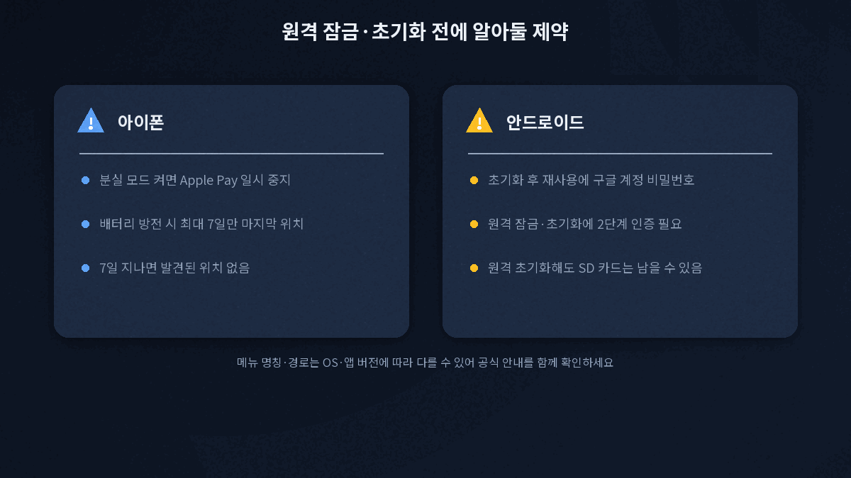 애플 분실 모드와 구글 원격 초기화의 제약 조건 비교표