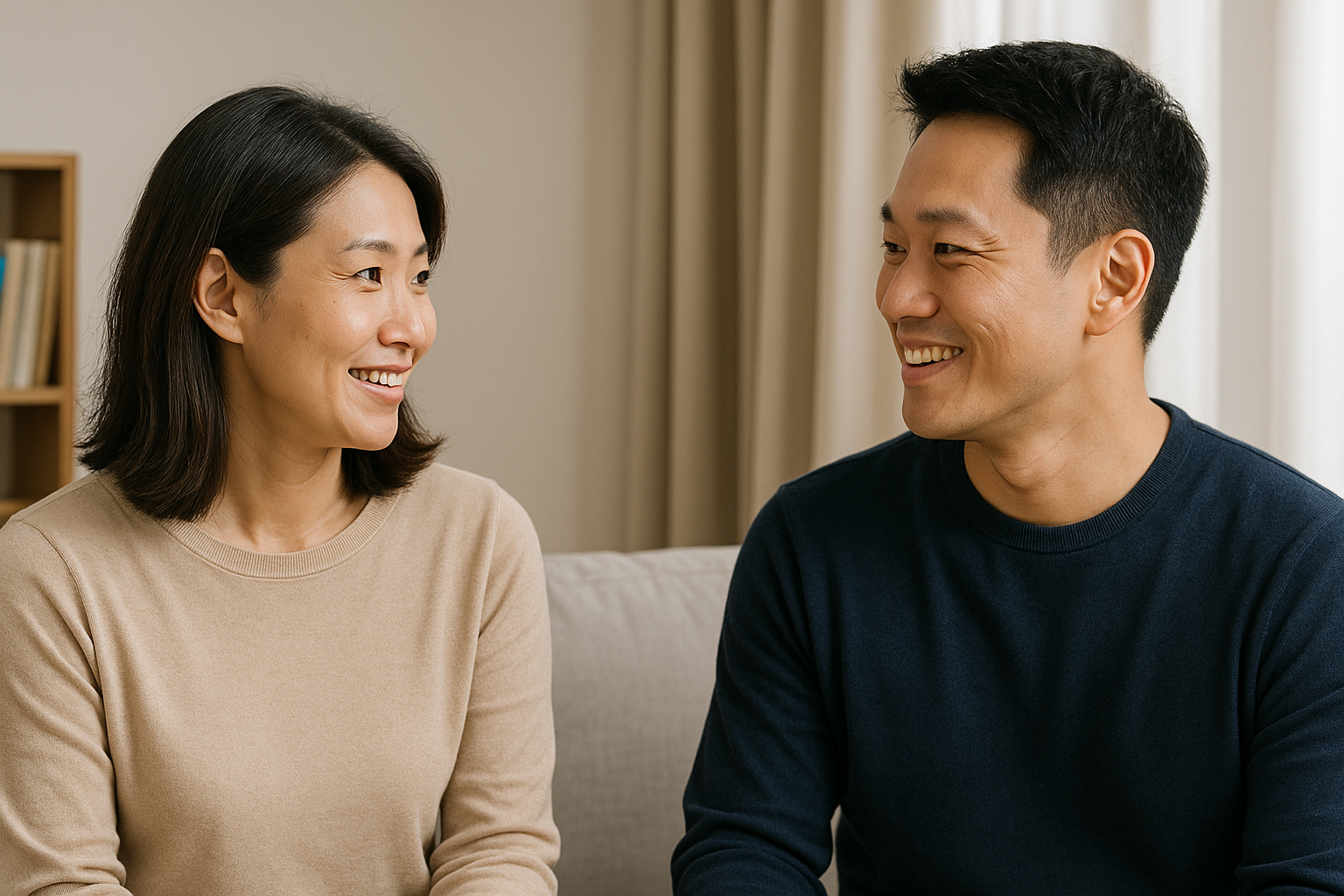 부부가 서로 웃으며 바라보고 대화하는 모습니다.