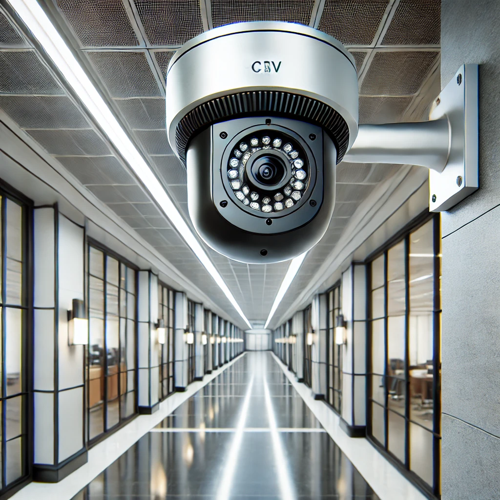 상업 건물 복도 벽에 설치된 고해상도 CCTV 카메라&amp;#44; AI 기반 동작 감지 및 얼굴 인식 기술을 탑재&amp;#44; 밝고 깨끗한 조명과 반짝이는 바닥이 보이는 전문적이고 안전한 환경을 강조