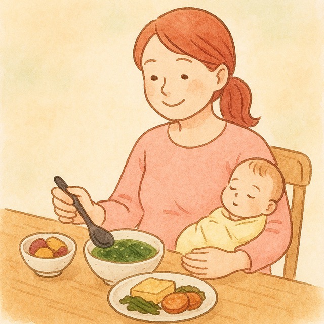 출산한 산모가 아기를 품에 안고 따뜻한 식사를 즐기고 있는 모습.