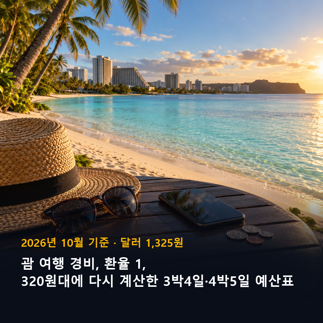 괌 여행 경비 환율 1,320원대 3박4일 4박5일 예산표 표지