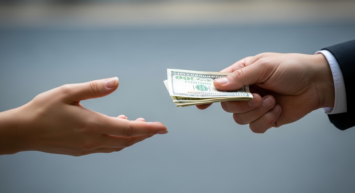 어려움에 처한 사람에게 도움의 손길을 내밀어 돈을 건네는 모습, 긴급 생활 안정 자금 지원을 상징합니다.