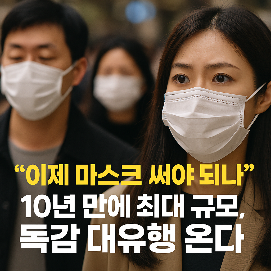 &ldquo;마스크를 착용한 사람들이 거리에서 이동하는 모습과 함께 &lsquo;이제 마스크 써야 되나 &ndash; 10년 만에 최대 규모, 독감 대유행&rsquo;이라는 문구가 들어간 뉴스형 썸네일 이미지&rdquo;