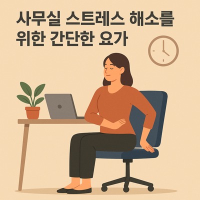 사무실에서 스트레스 해소 요가를 하는 모습