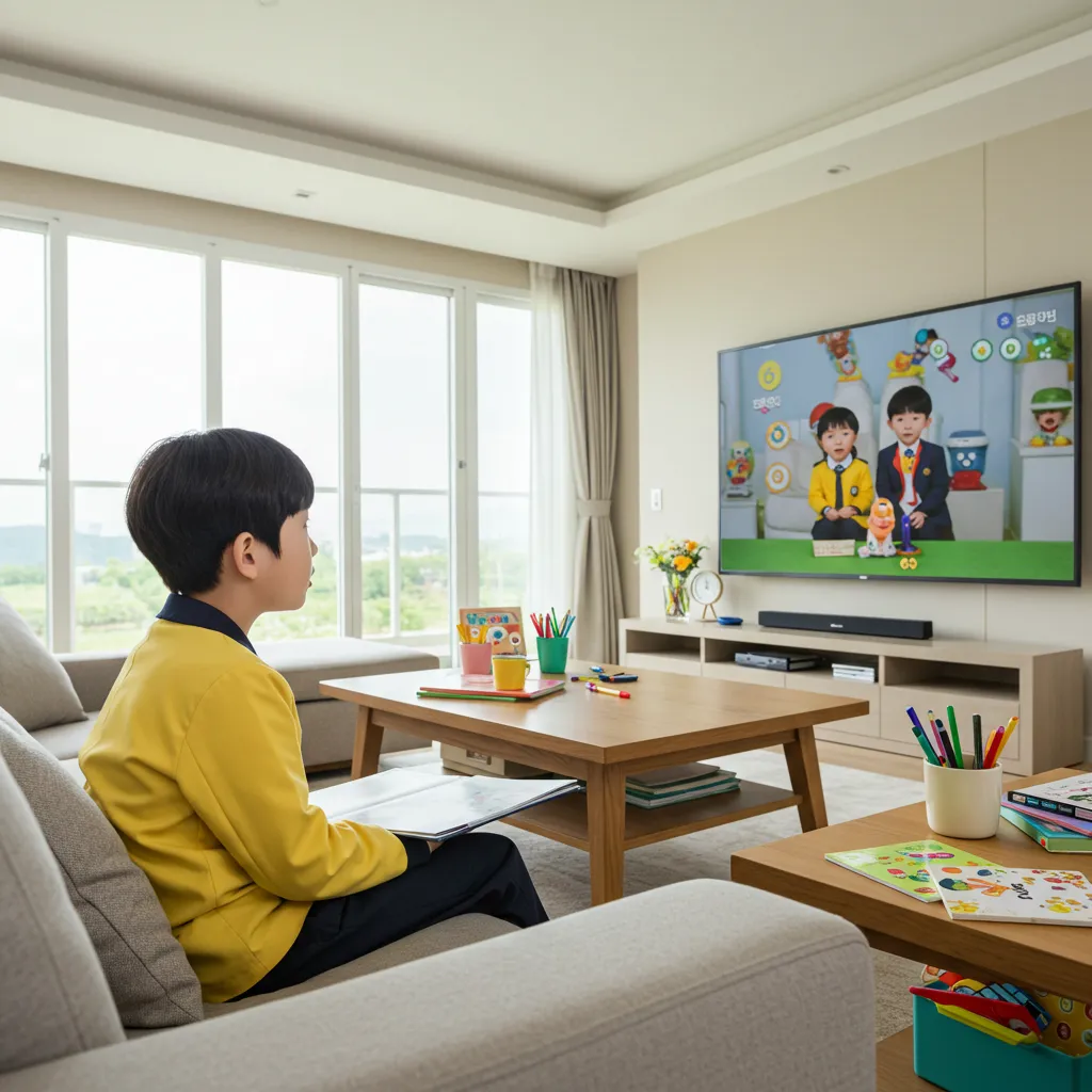 손에 책을 들고 TV를 보고 있는 학생