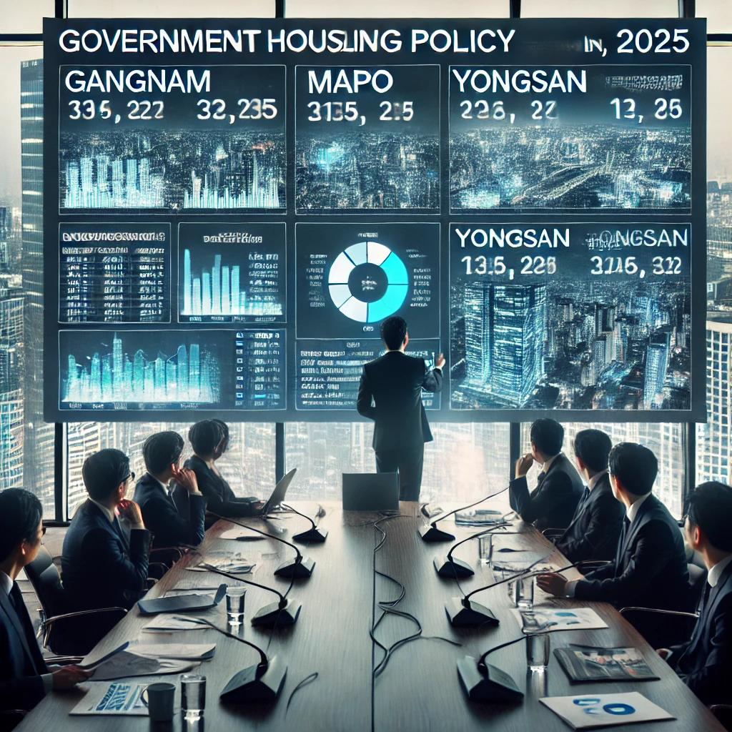 정부 관계자들이 강남, 마포, 용산의 부동산 정책과 미래 시장 전망을 디지털 데이터를 통해 논의하는 장면.