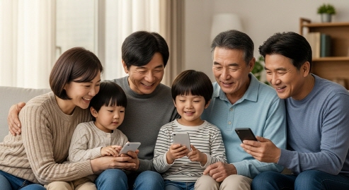 가족이 함께 정보를 보는 따뜻한 장면