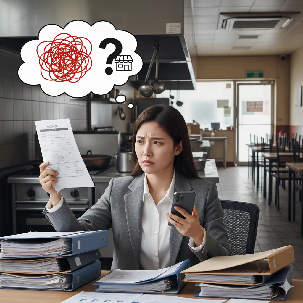 폐업신고 절차를 체크리스트로 정리하며 홈택스에서 온라인 신고를 준비하는 자영업자의 모습