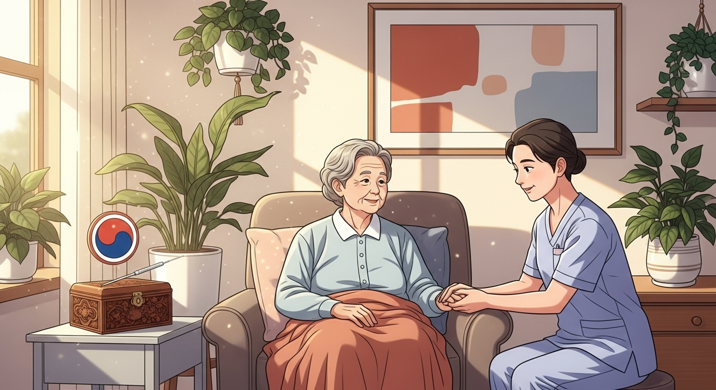 어르신이 자택에서 한방 주치의 서비스를 통해 편안하게 진료를 받는 모습. 따뜻하고 섬세한 돌봄을 상징합니다.
