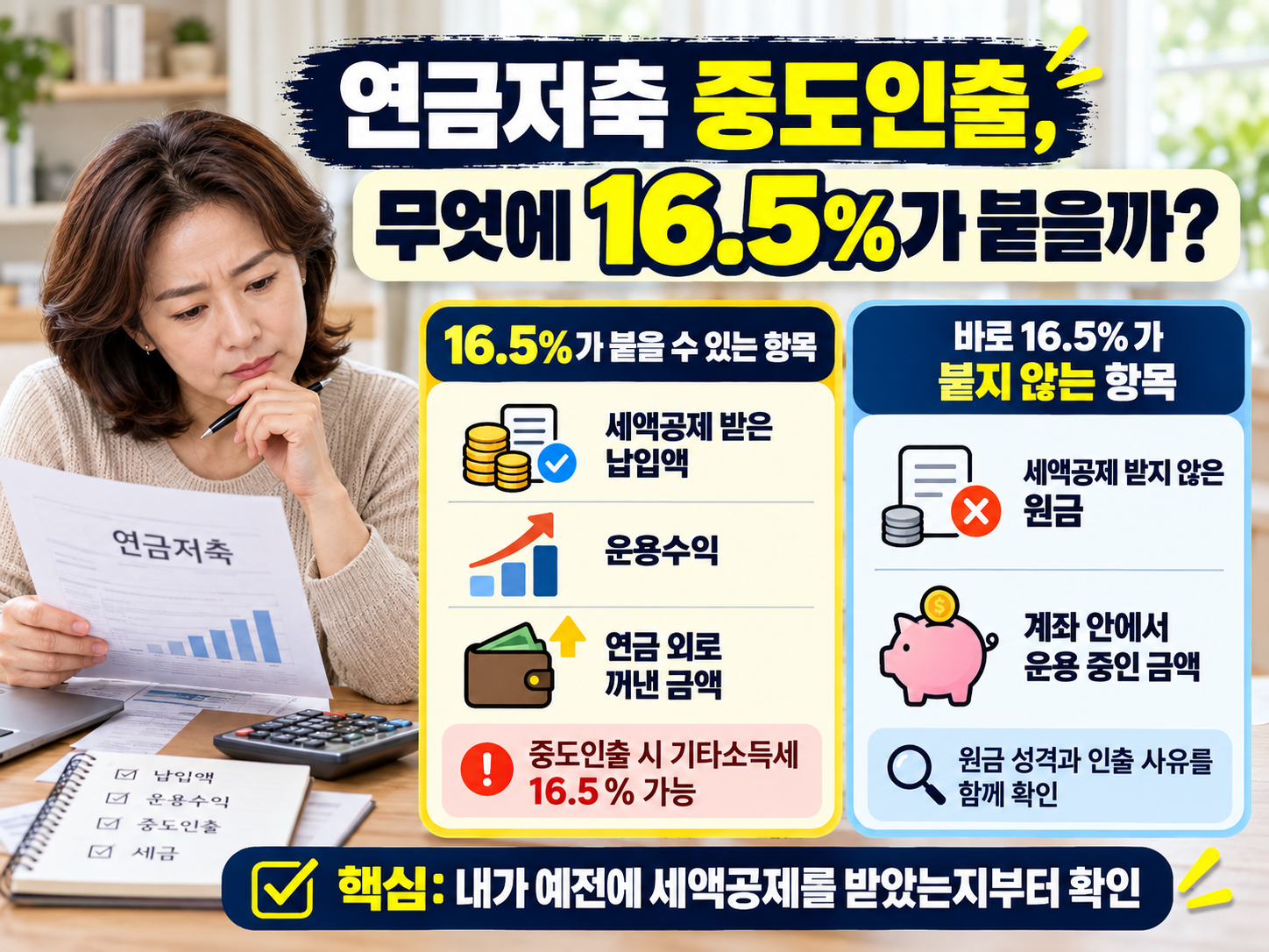 연금저축 중도인출 시 세액공제를 받지 않은 납입 원금은 과세제외되고 세액공제를 받은 납입금과 운용수익은 일반적인 연금외수령 시 16.5%가 적용되는 차이를 비교한 이미지