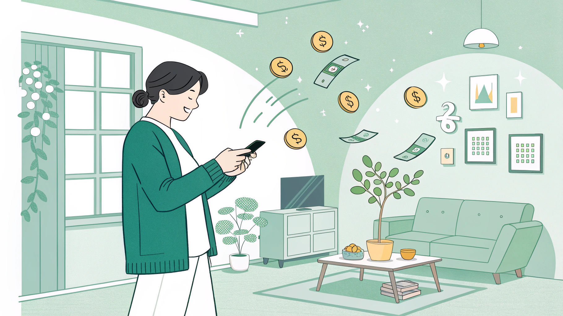 스마트폰으로 수익을 내는 일러스트 이미지