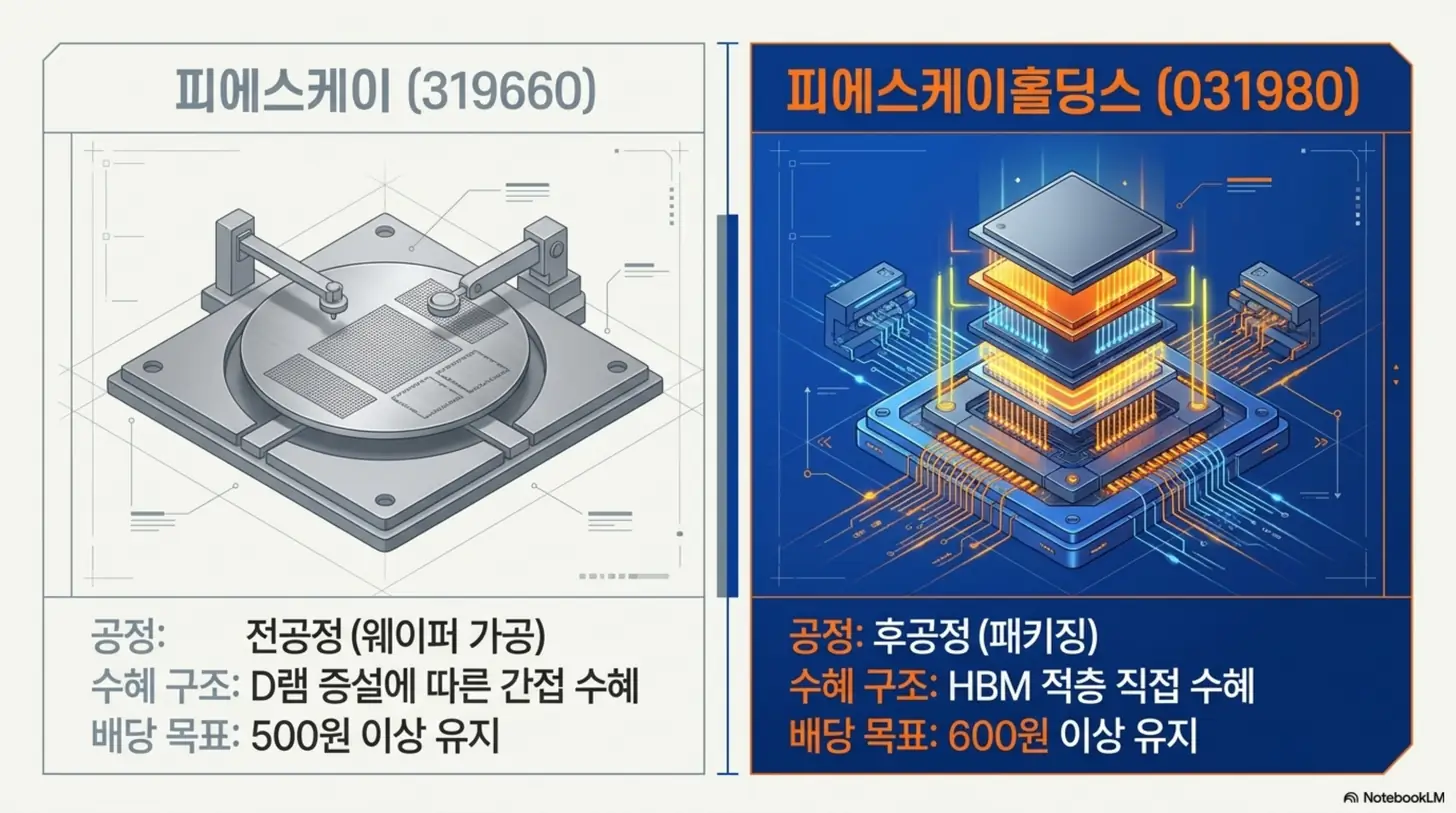 피에스케이홀딩스 주가 전망: 피에스케이(319660)와 피에스케이홀딩스(031980)의 차이를 좌우로 나눠 비교한 웹배너 이미지. 전공정 웨이퍼 가공과 후공정 패키징, D램 증설 간접 수혜와 HBM 적층 직접 수혜, 배당 목표 500원과 600원이 대비됨. 이름이 비슷한 두 종목의 사업 구조와 수혜 경로가 다르다는 점을 시각적으로 전달하며, 블로그의 사업 구조 주제를 설명함