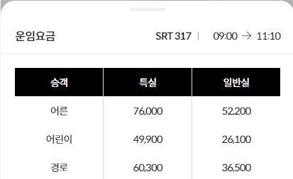 SRT 에스알티 기차 운임료