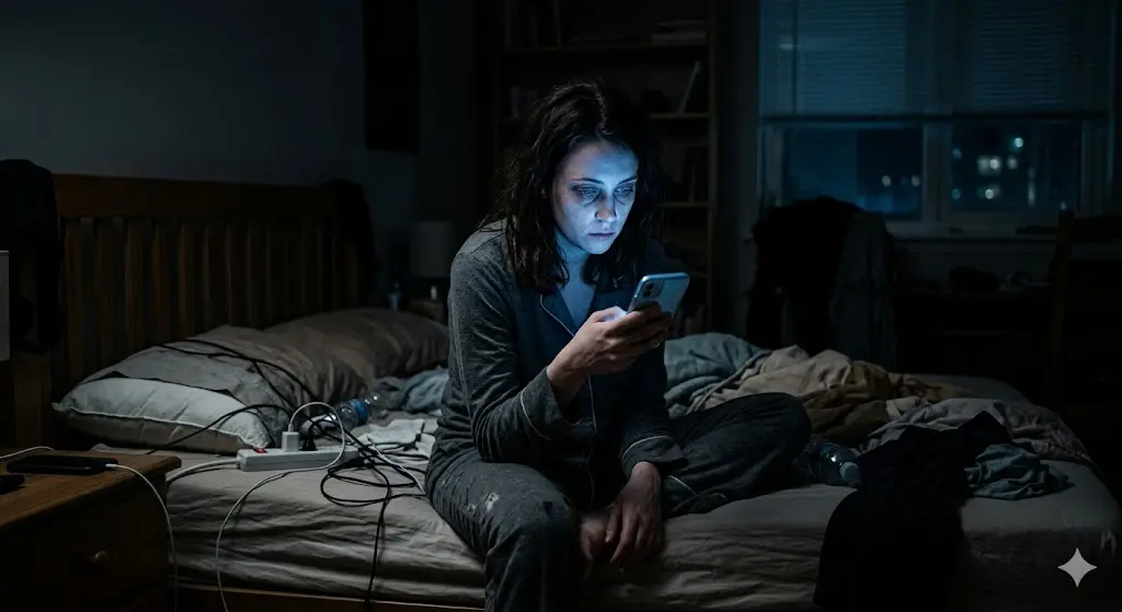 봄꽃에는 향기가 없다 의미를 은유적으로 보여주는 어두운 방 안에서 밝게 빛나는 스마트폰 화면만 멍하니 바라보고 있는 피곤한 얼굴의 현대인