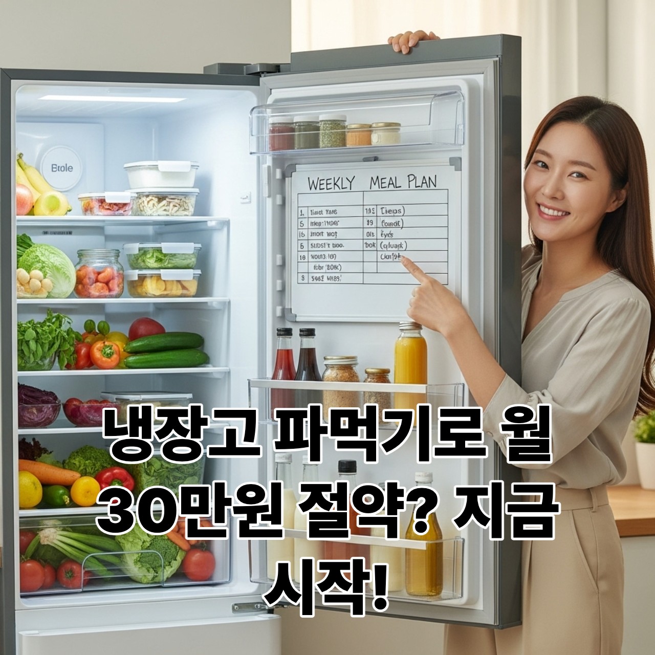 냉장고 문을 열고 환하게 웃고 있는 20대 후반~30대 초반의 한국 여성. 깔끔하게 정리된 냉장고에는 신선한 채소와 과일, 밀폐 용기에 담긴 식재료, 주간 식단표가 붙어 있어 식비 절약과 효율적인 식생활을 상징합니다.