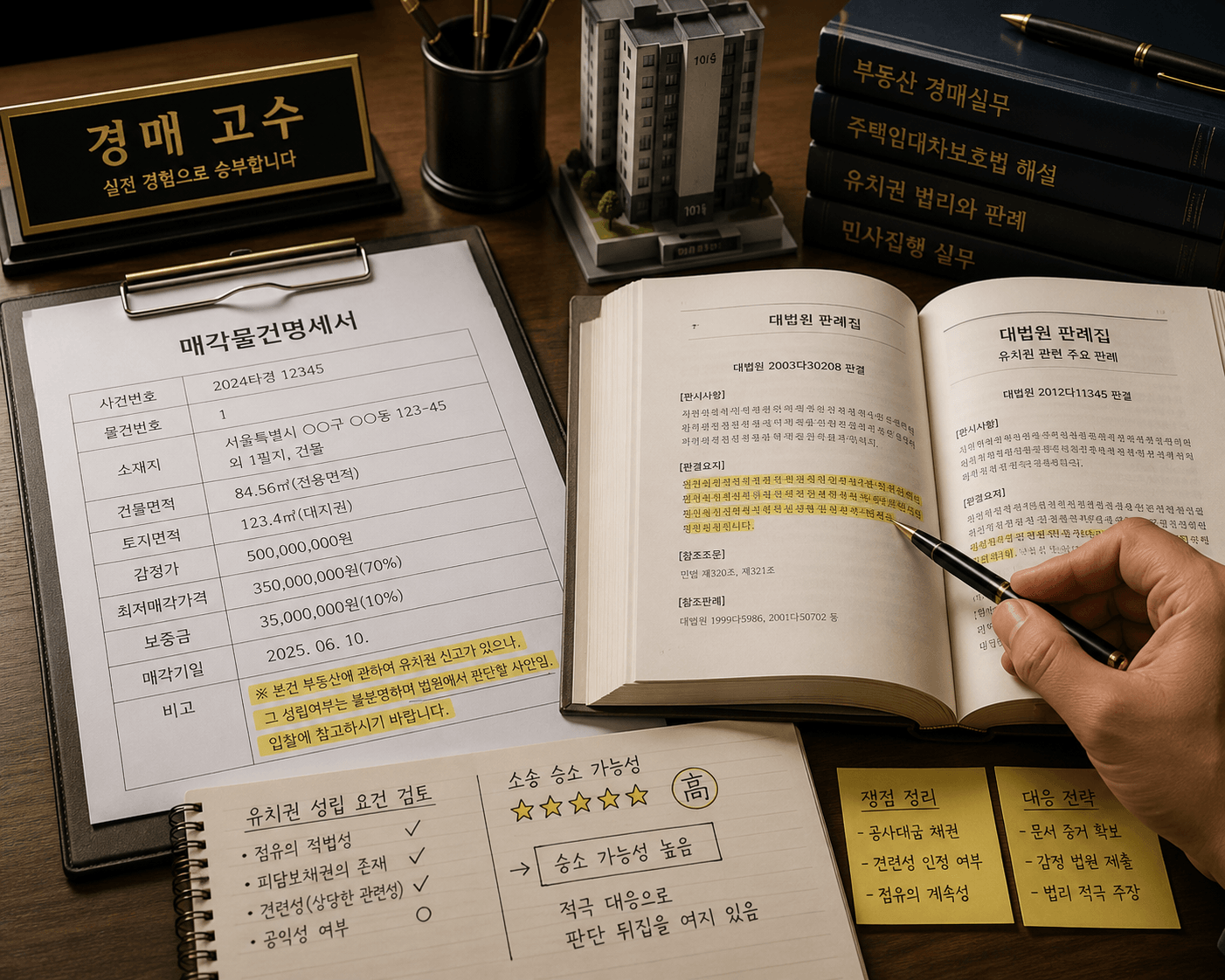 매각물건명세서 최하단 비고란에 적힌 유치권 신고 관련 특이사항 문구를 형광펜으로 강조하고 대법원 판례집을 옆에 펼쳐놓은 채 소송 승소 가능성을 최종적으로 검토하고 있는 경매 고수의 책상 이미지