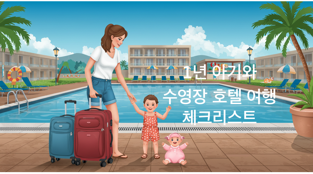 젊은 엄마와 아기가 수영장 호텔을 배경으로 함께 여행을 즐기고 있는 장면. 엄마는 아기의 손을 잡고 있으며 주변에는 여행 가방과 유아용 짐이 놓여 있다.