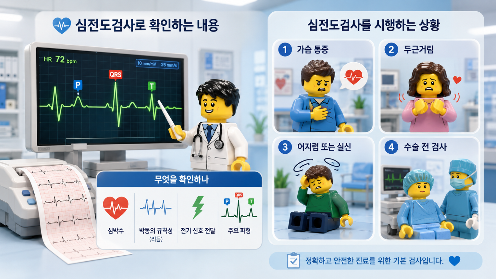 레고 스타일 의료 인포그래픽으로 정리한 심전도검사로 확인하는 내용과 가슴 통증·두근거림·어지럼·수술 전 검사 시행 상황