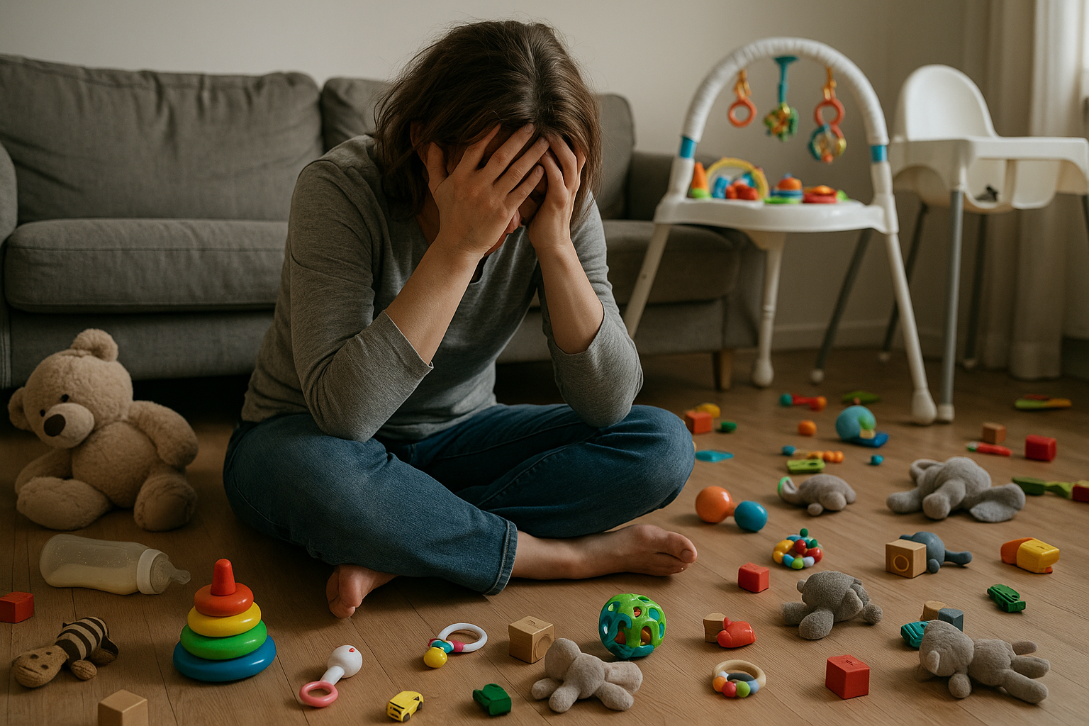 어지럽혀진 집안에서 번아웃에 빠진 엄마 이미지