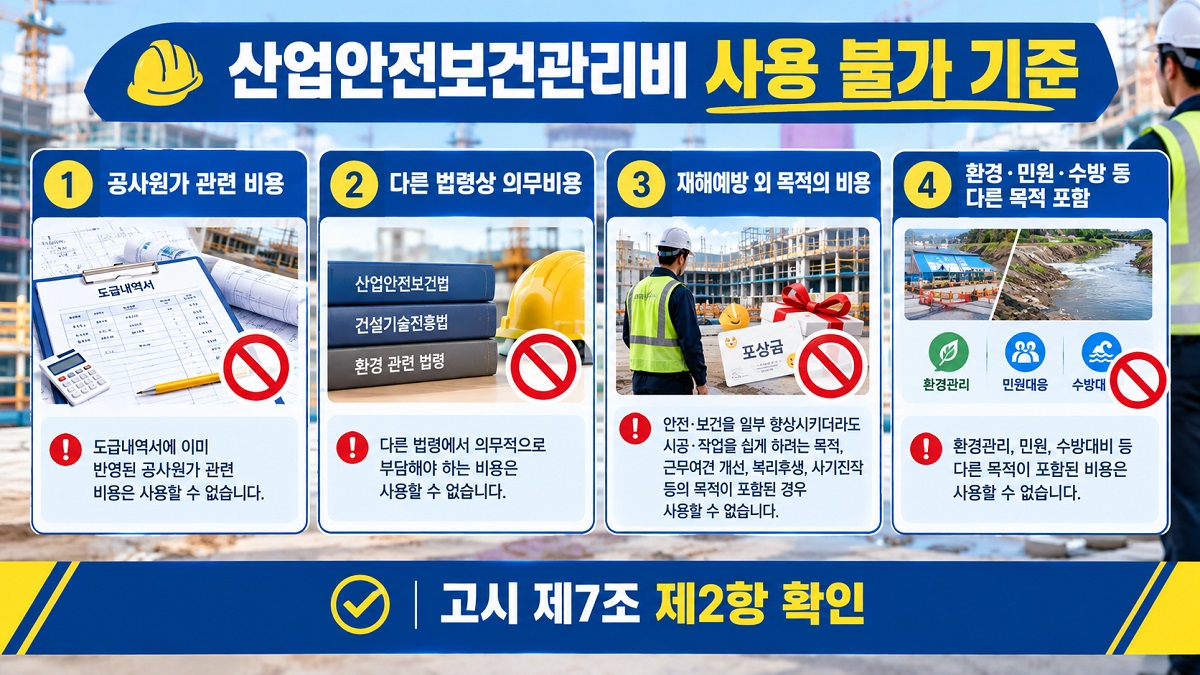 건설현장 산업안전보건관리비 사용불가 항목 4가지를 정리한 인포그래픽