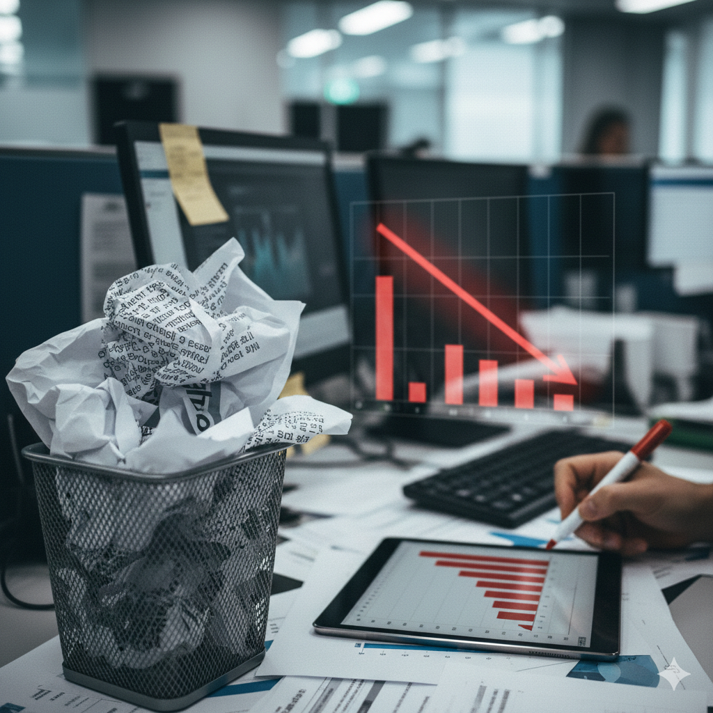 난잡하게 서류가 쌓인 책상 옆 쓰레기통에 폐기된 종이들이 가득 차 있으며 태블릿 화면과 공중에 띄워진 붉은색 하락 막대 그래프가 업무 효율 저하와 워크슬롭 현상을 시각적으로 보여주고 해요.