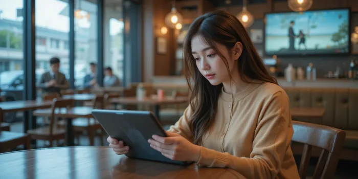 카페에서 여유롭게 AI 영상 제작 결과를 감상하는 모습