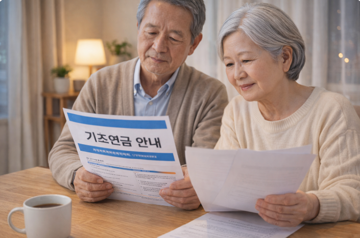 기초연금 안내문을 함께 살펴보는 노부부