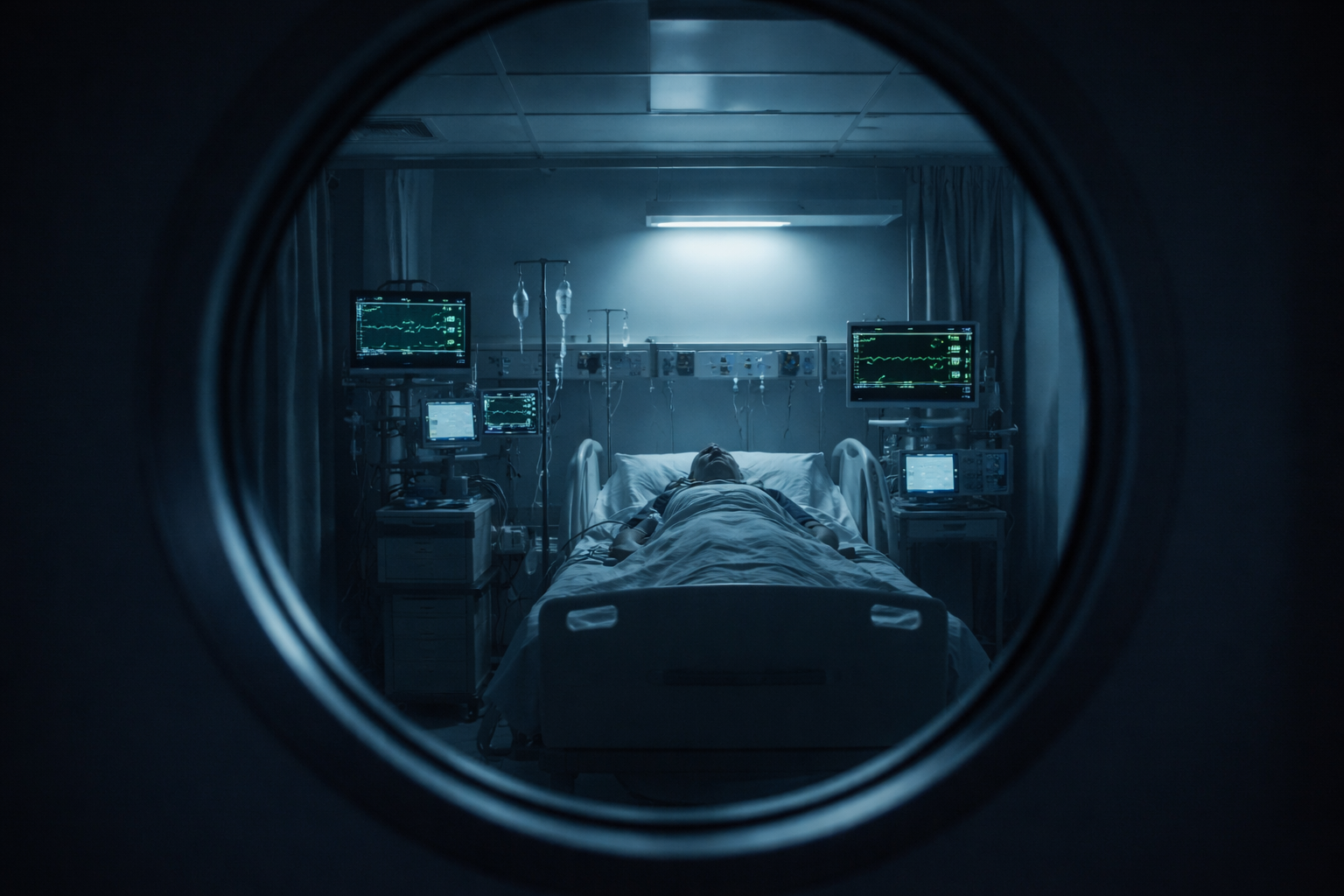 둥근 응급실 창문 너머로 보이는 중환자