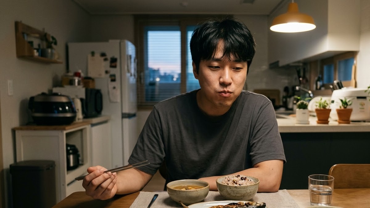식탁에서 잡곡밥과 생선구이를 천천히 먹는 남성