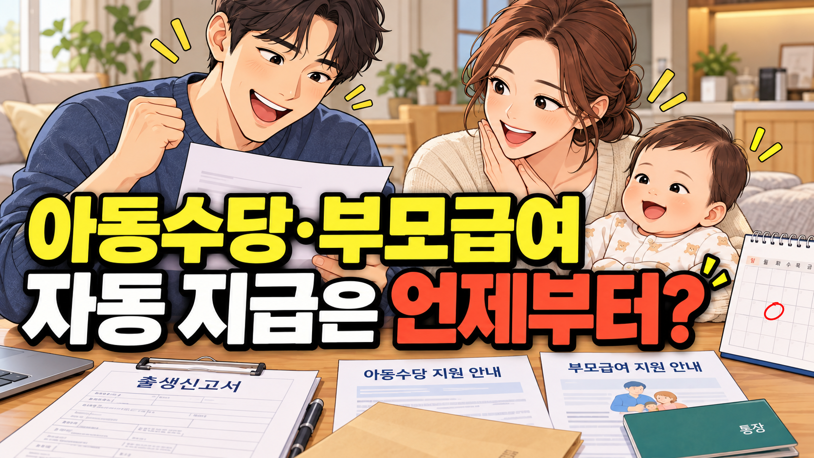 아동수당과 부모급여의 별도 신청 없는 지급이 언제부터 시행되는지 설명하는 대표 이미지