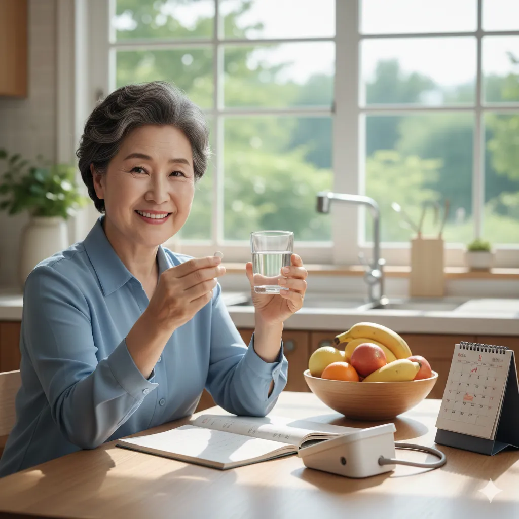 Senior checking blood pressure at home with digital monitor showing normal reading