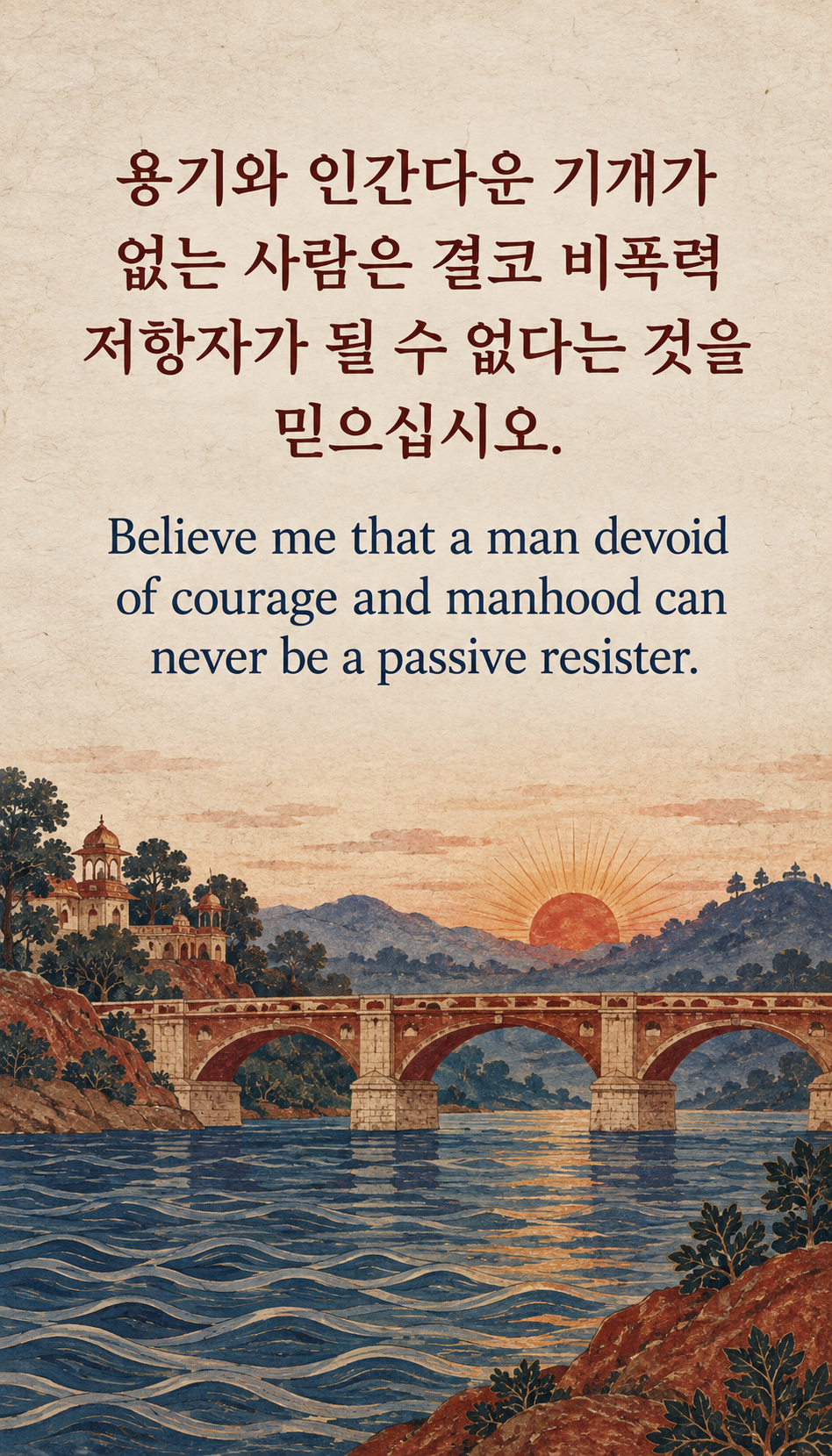 용기와 인간다운 기개가 없는 사람은 결코 비폭력 저항자가 될 수 없다는 것을 믿으십시오. &mdash; 새벽 강을 건너는 다리, 인도풍 그림