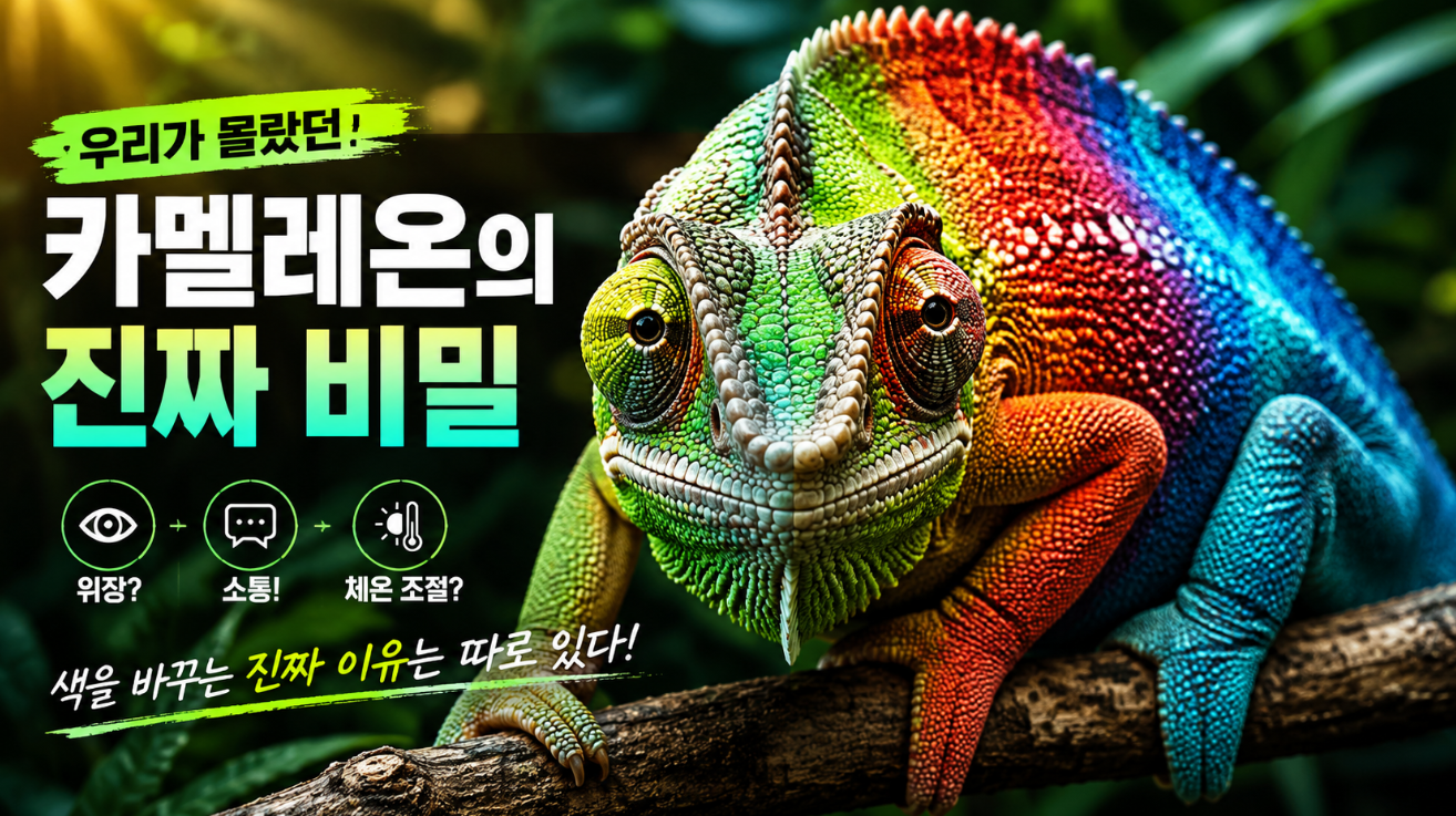 다양한 색으로 변화하는 카멜레온 얼굴 클로즈업과 열대 정글 배경