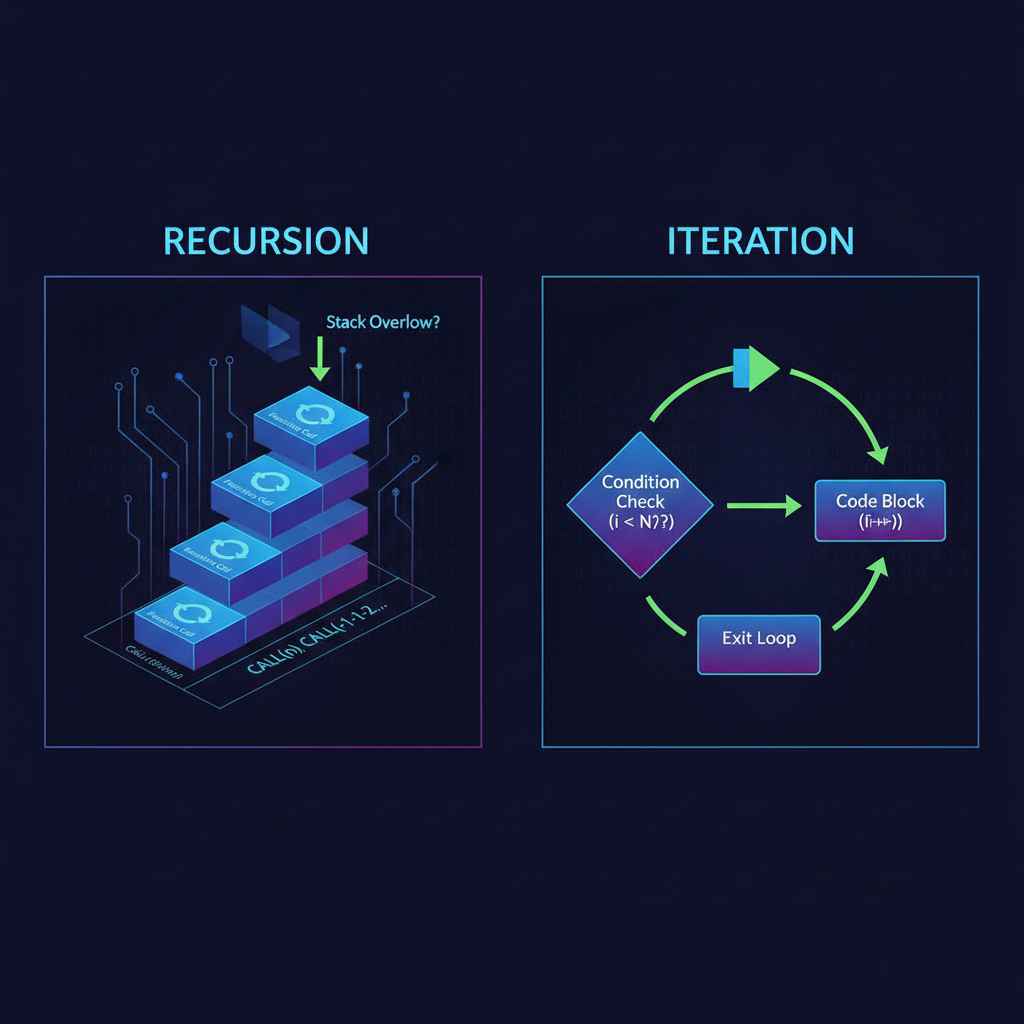 재귀(Recursion) 함수가 자기 자신을 호출하며 스택 메모리를 쌓아가는 과정과 반복문(Iteration)이 정해진 조건에 따라 코드 블록을 순회하는 논리적 실행 흐름의 차이를 대조하여 보여주는 알고리즘 비교 도식입니다.