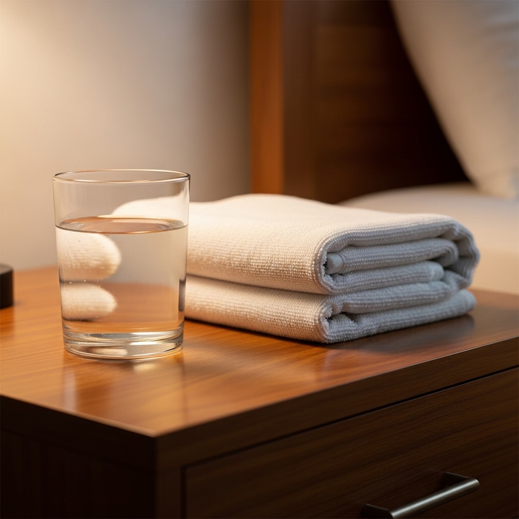 장염 회복을 위해 휴식과 수분 섭취가 필요함을 나타내는 정물 이미지