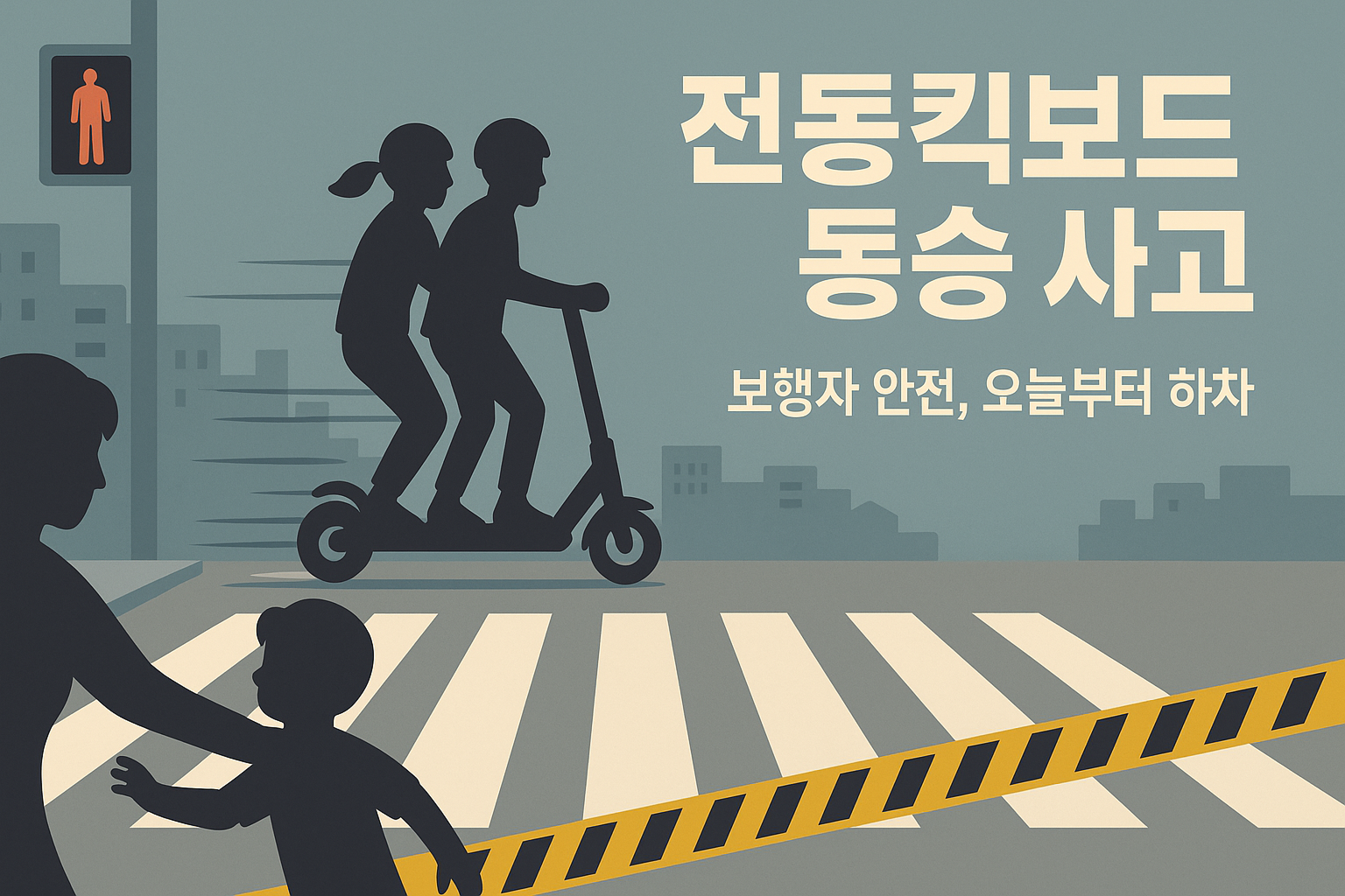 횡단보도 앞 전동킥보드 동승 질주, 엄마가 아이를 붙잡는 장면