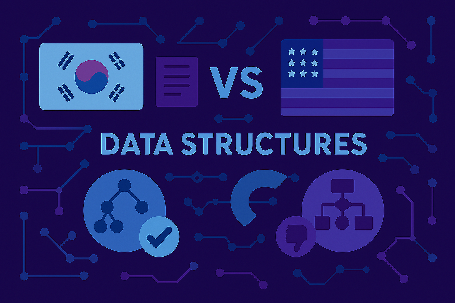 동서양 자료구조 교육의 접근법과 실무 연결을 상징하는 미래지향적 테크 일러스트
