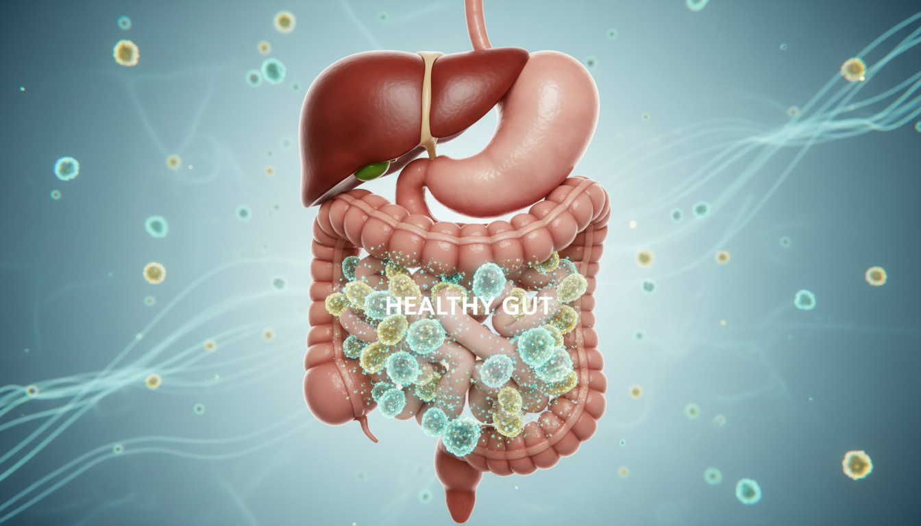 건강한 장내 미생물과 소화기계를 나타내는 일러스트