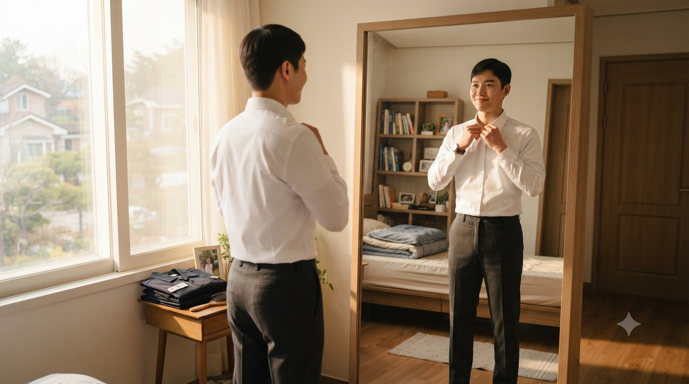 출근 전 복장을 점검하고 있는 모습
