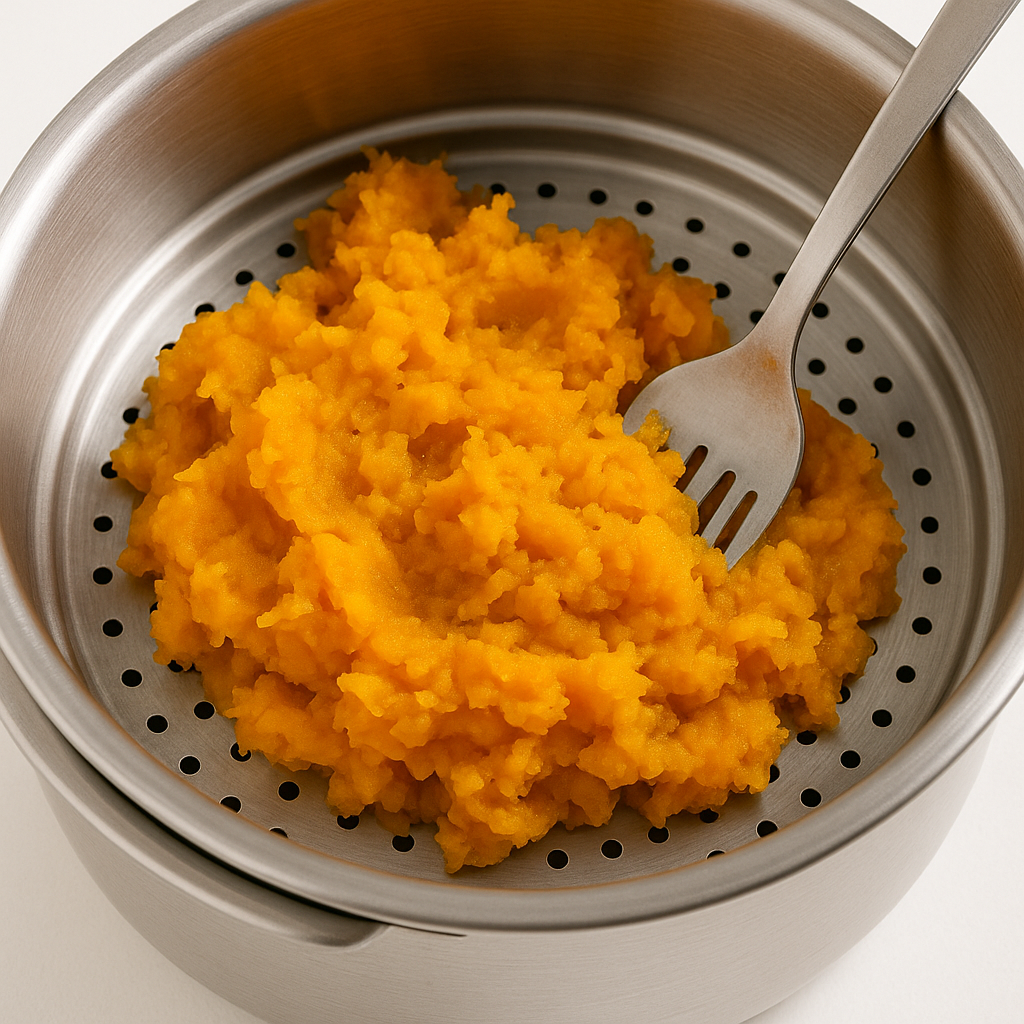 단호박은 찜기에 쪄서 부드럽게 익힌 후 으깨줍니다.