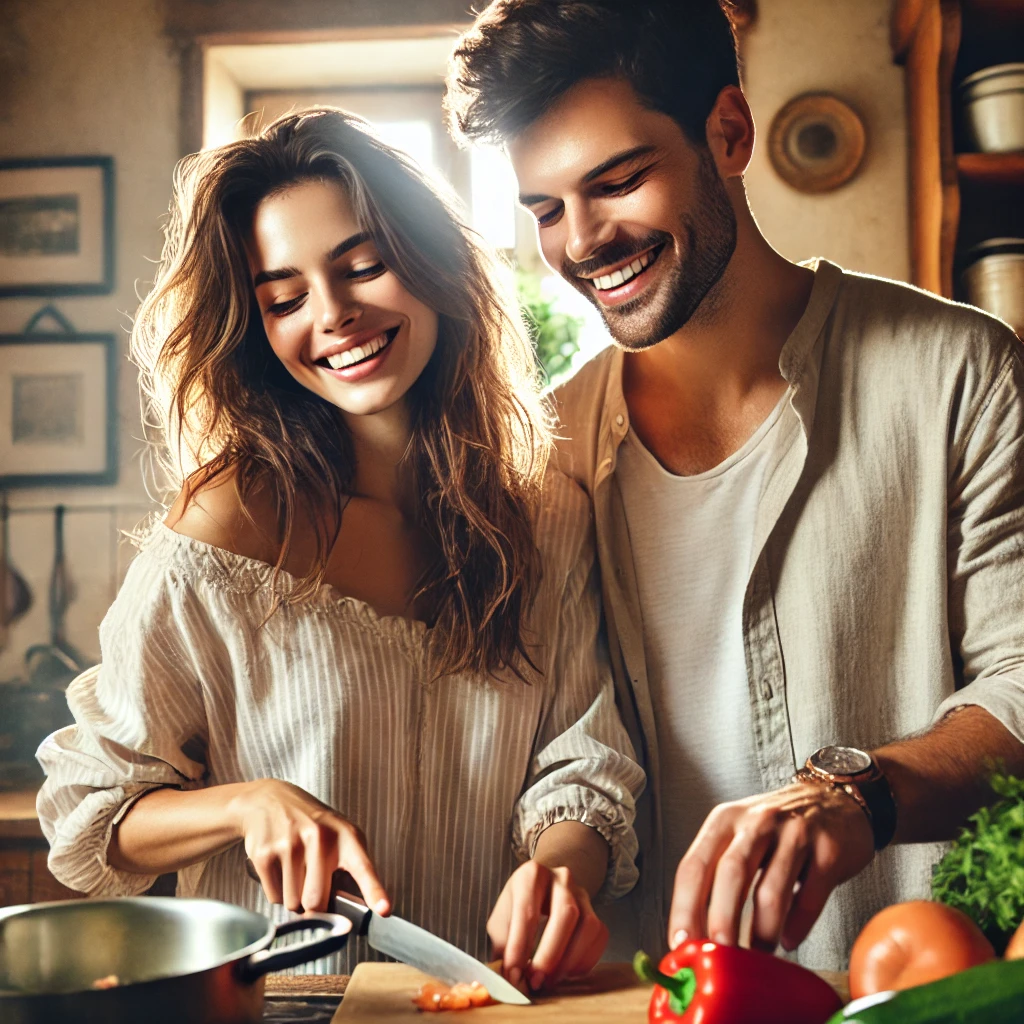 부부의 다정한 요리하는 그림