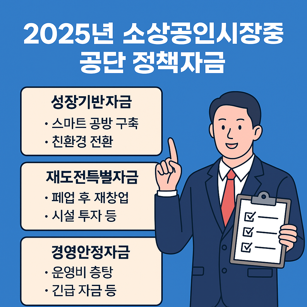 2025년 소상공인시장진흥공단 정책자금 인포그래픽 &ndash; 성장기반자금, 재도전특별자금, 경영안정자금 지원 안내