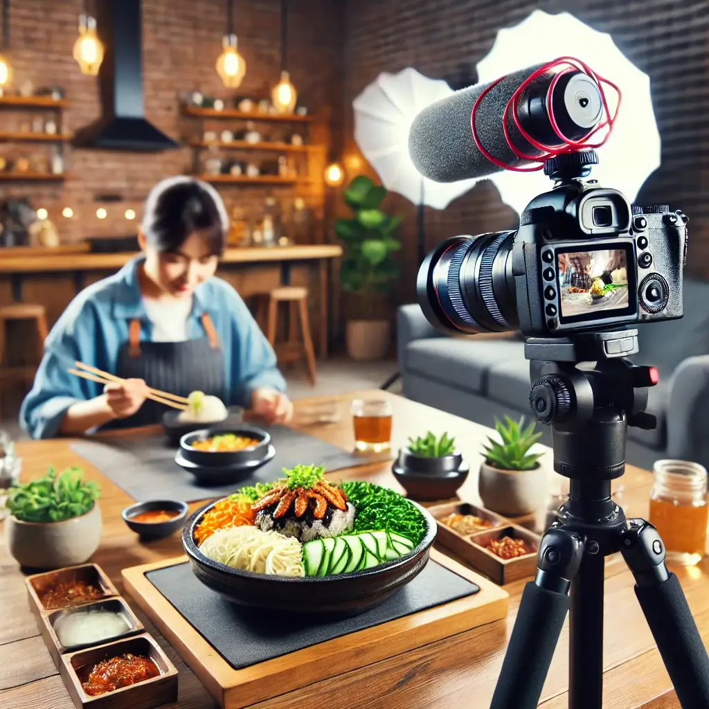 한 블로거가 한국의 비빔밥 ASMR 촬영하고 있는 장면