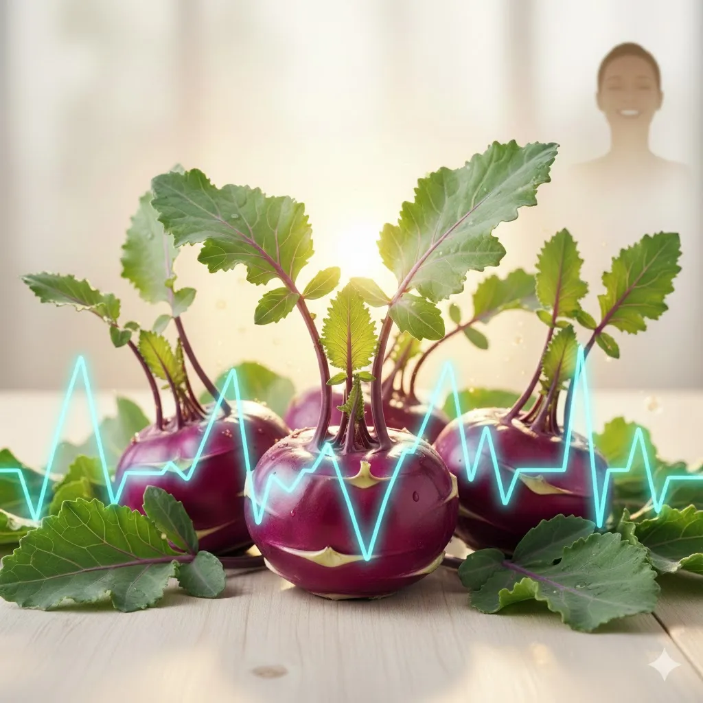 심장을 상징하는 부드러운 곡선과 혈압계 그래프가 콜라비 주변에 추상적으로 배치되어 있습니다. 콜라비를 섭취함으로써 안정감을 되찾은 듯한 평온한 표정의 사람 얼굴이 이미지 한편에 작게 나타나 심혈관 건강 개선에 도움을 줌을 시사합니다. 