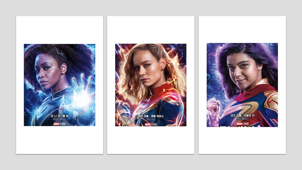 더 마블스 출연진-왼쪽부터 카말라 칸-캐럴 댄버스-모니카 램보(출처-공식포스터)