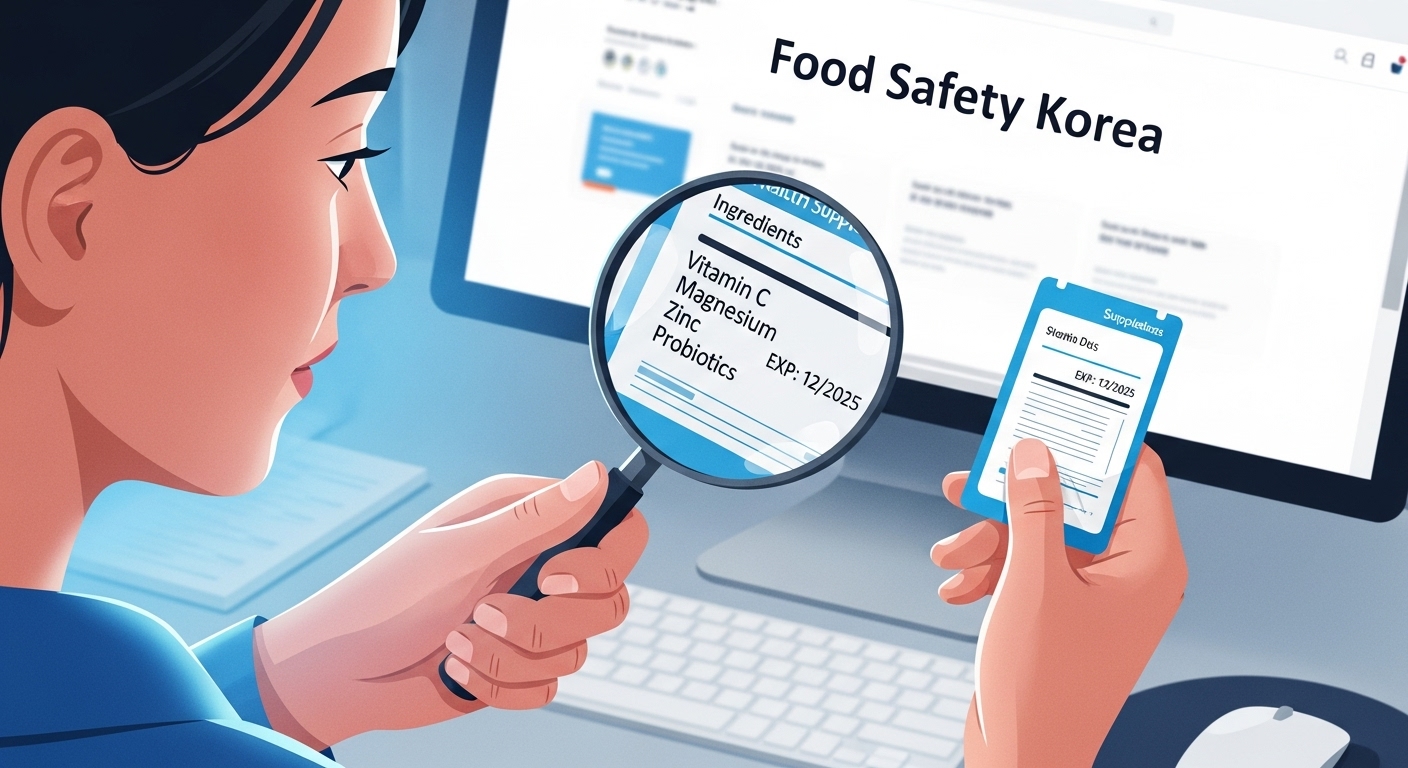 건강식품 라벨을 돋보기로 꼼꼼히 확인하며 성분명과 유통기한을 검토하는 모습.