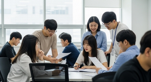 밝은 분위기의 사무실&amp;#44; 정책 자료를 검토하는 청년