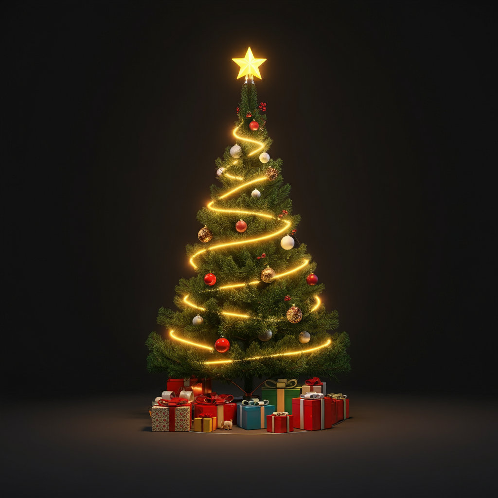 황금빛 띠로 감싸진 대형 크리스마스 트리, 다양한 선물이 밑에 놓여 있는 고급스러운 디자인