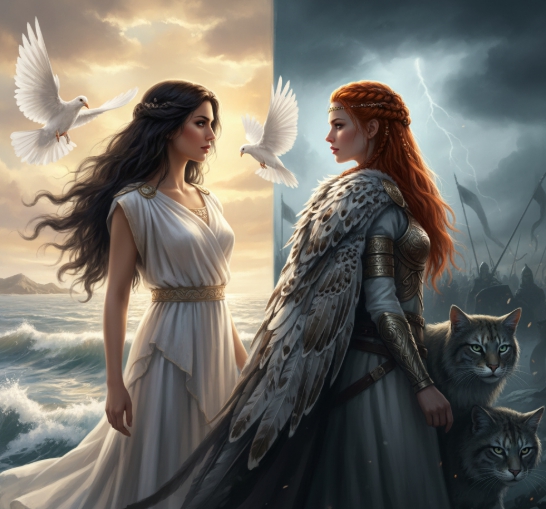 우아한 아프로디테와 강인한 전사 프레이야의 비교 일러스트