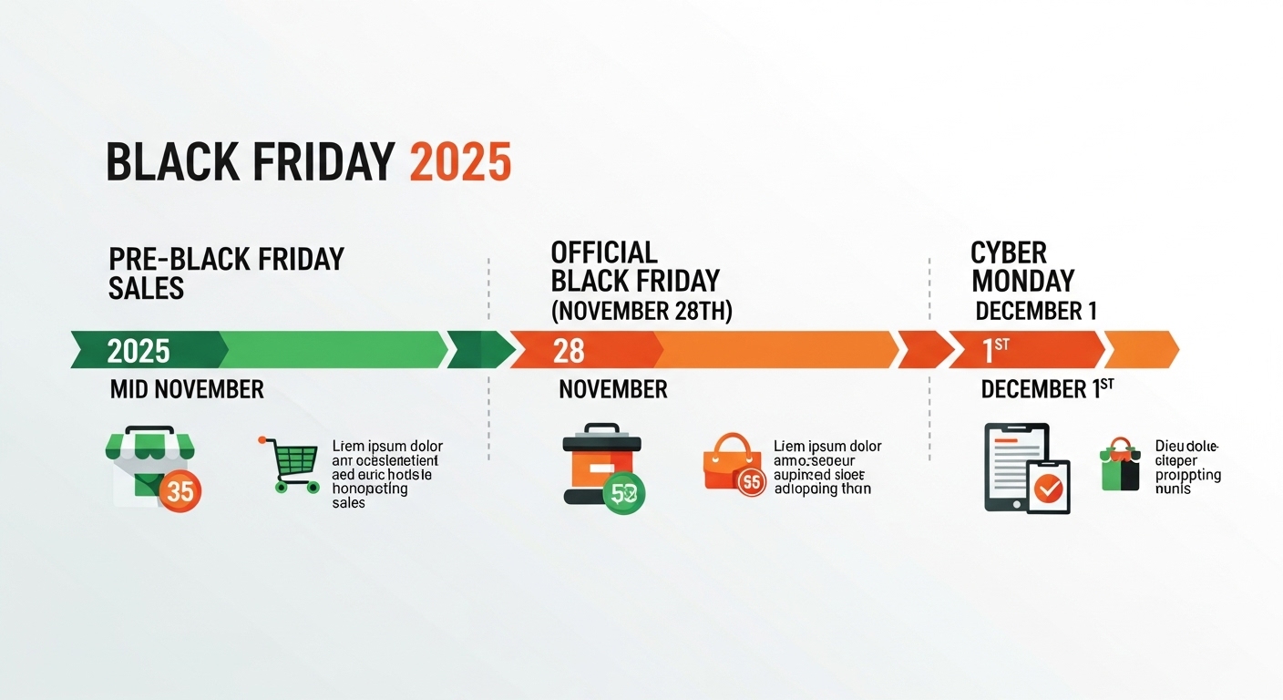 2025년 블랙프라이데이 쇼핑 기간을 시각적으로 보여주는 타임라인 인포그래픽. 프리 세일부터 사이버 먼데이까지의 주요 일정이 녹색과 주황색 톤으로 명확하게 표시되어 있다